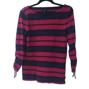 TALBOTS Pink and Navy Blue Striped Cotton 3/4 Sleeve Top Womens Petite Size SP